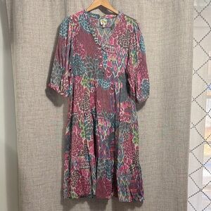 Fig and Flower Pink and Blue Patterned Midi Dress